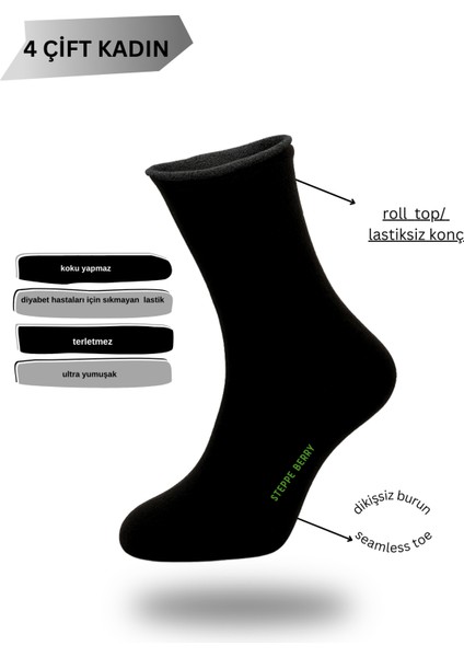 4'lü Kadın Siyah Lastiksiz Dikişsiz Bambu Uzun Konç Diyabet ve Hamile Çorabı