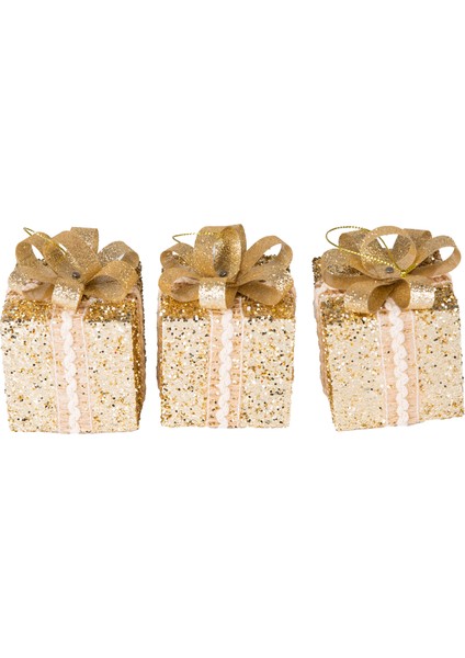 Yılbaşı Süsü, Hediye Paketi, Simli, Gold - Kurdelalı, 3'lü Paket, 9 C