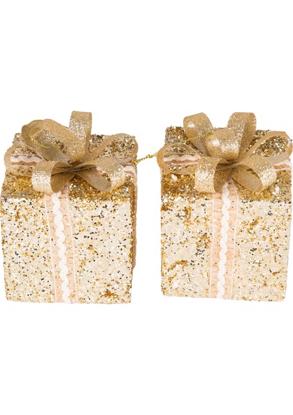 Yılbaşı Süsü, Hediye Paketi, Simli, Gold - Kurdelalı, 2'li Paket, 10