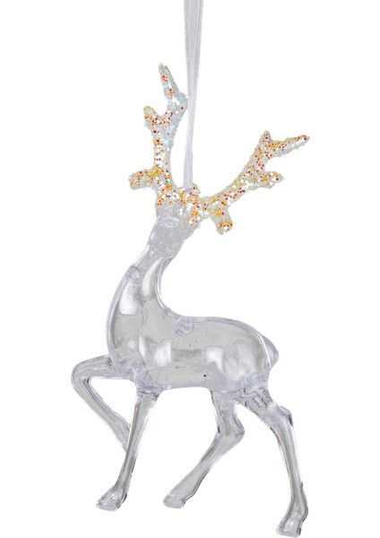 Yılbaşı Süsü, Geyik, Şeffaf - Asmalı, Akrilik Cam, Simli Boynuzlu, 10