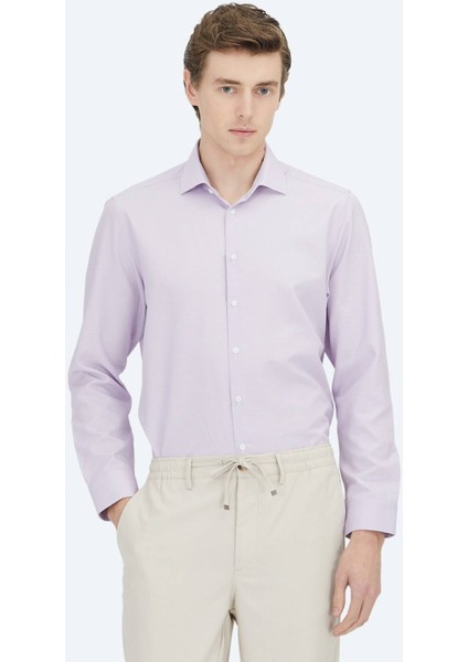 Lila Düz Regular Fit Dokuma Klasik Pamuk Karışımlı Gömlek