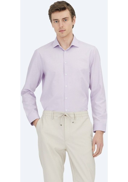 Lila Düz Regular Fit Dokuma Klasik Pamuk Karışımlı Gömlek fiyatları