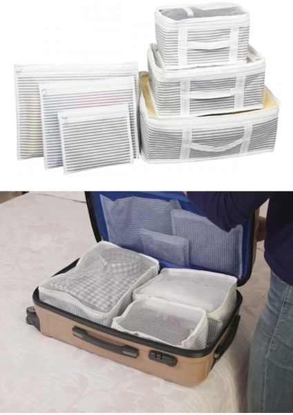 2 Adet 6'lı Hurç Seti Bavul ve Valiz Seyahat Organizeri Hurç - Çizgili fiyatları