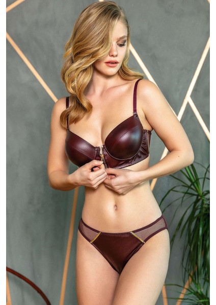 Derigörünümlü Balenli Destekli Dolgulu Askıları Çıkabilen Ortası Fermuarlı Büstiyer Sütyen ve Slip Takım