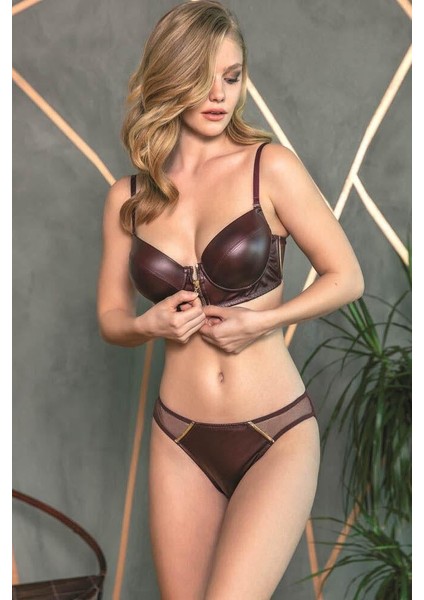 Derigörünümlü Balenli Destekli Dolgulu Askıları Çıkabilen Ortası Fermuarlı Büstiyer Sütyen ve Slip Takım modelleri