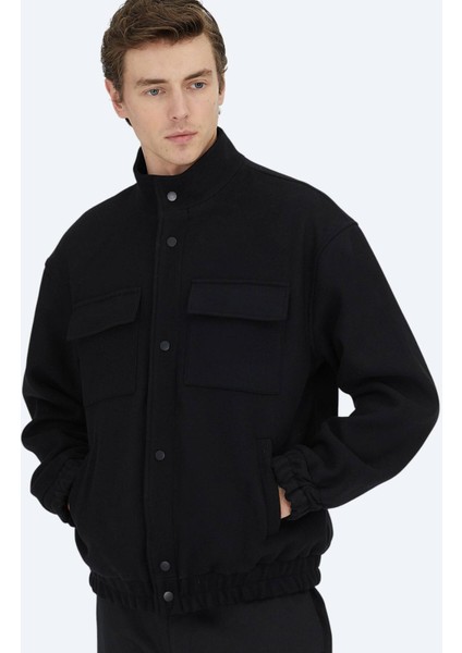 Siyah Comfort Fit Dik Yaka Casual Dokuma Mont