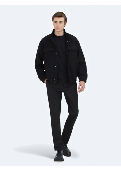 Siyah Comfort Fit Dik Yaka Casual Dokuma Mont modelleri