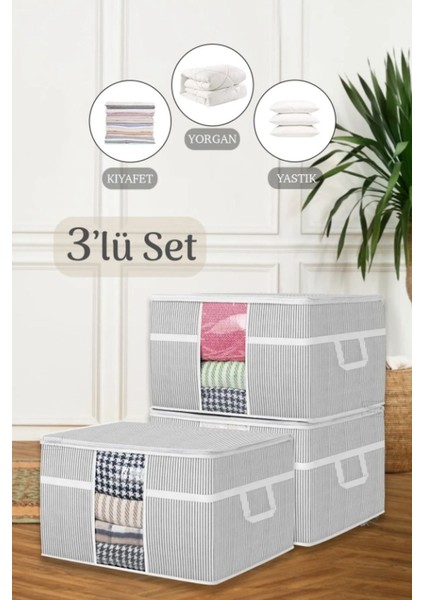 3 Adet Mega Boy Pencereli Giysi Yorgan Yastık Hurcu Saklama Çantası 75X40X40 cm