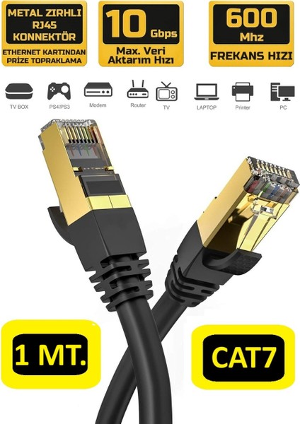 Cat 7 Ethernet Kablosu 1 Metre 10 Gigabit/s 600 Mhz Premium RJ45 Metal Zırhlı Konnektör