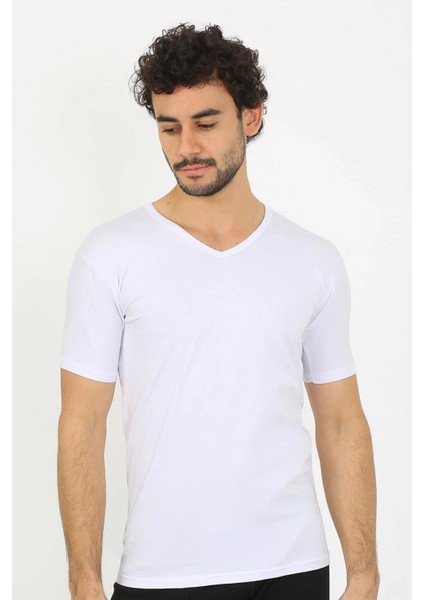 Erkek Likralı V Yaka Beyaz T-Shirt fiyatları