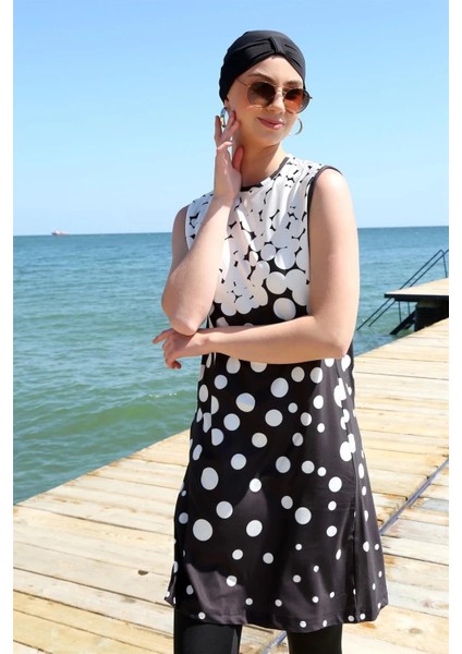 Sıfır Kol Puanlı Yarım Tesettür Mayo Siyah Peyaz Puantiye fiyatları