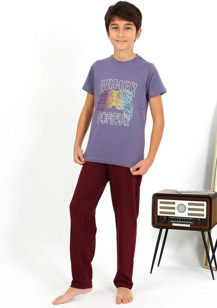 Erkek Çocuk Kısa Kol Penye Pijama Takım Mor