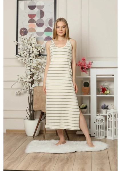 Kalın Askılı Penye Uzun Gecelik Bej modelleri