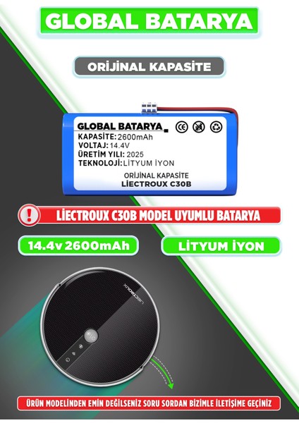 Liectroux C30B Uyumlu Akıllı Robot Süpürge Bataryası 14.4V 2600mAh Pil Li-ion (Orijinal Kapasite)
