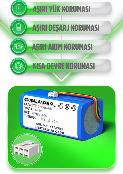 Liectroux C30B Uyumlu Akıllı Robot Süpürge Bataryası 14.4V 2600mAh Pil Li-ion (Orijinal Kapasite) fiyatları