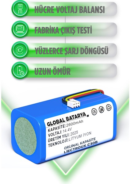 Liectroux C30B Uyumlu Akıllı Robot Süpürge Bataryası 14.4V 2600mAh Pil Li-ion (Orijinal Kapasite) modelleri