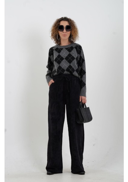 Siyah Fitilli Kadife Beli Lastikli Bol Paça Pantolon