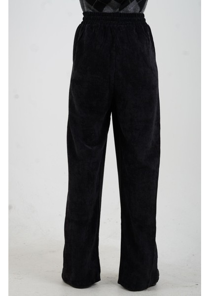 Siyah Fitilli Kadife Beli Lastikli Bol Paça Pantolon modelleri
