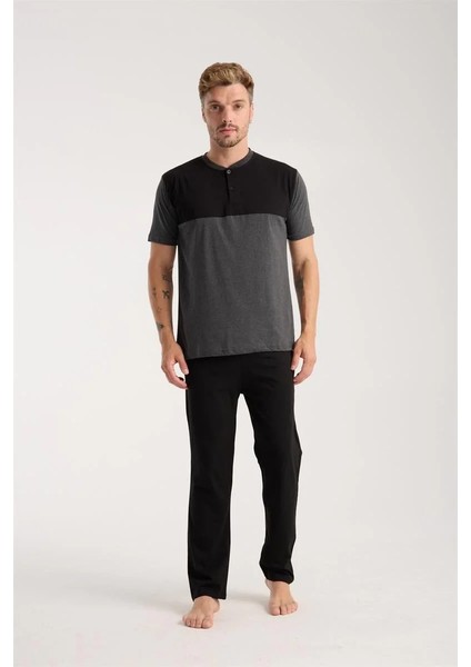 Erkek Antrasit Düğmeli Yaka Kısa Kol Pijama Takımı