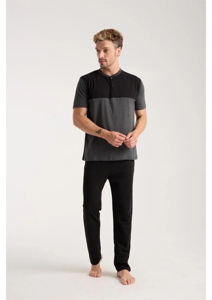 Erkek Antrasit Düğmeli Yaka Kısa Kol Pijama Takımı fiyatları