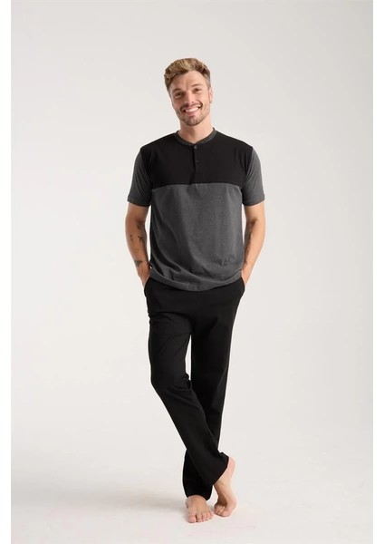 Erkek Antrasit Düğmeli Yaka Kısa Kol Pijama Takımı modelleri