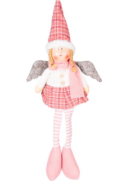 Yılbaşı Süsü, Oturan Kanatlı Peri Figürü, Beyaz Kazak-Pembe Etekli -