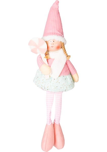 Yılbaşı Süsü, Oturan Peri Figürü, Pembe-Beyaz - Şeker Tutan, 17X53 cm