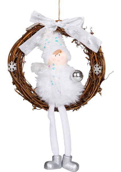 Yılbaşı Süsü, Kapı Çelengi, Beyaz-Kahverengi - Peri Figürlü, Doğal Da