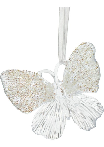 Yılbaşı Süsü, Kelebek, Şeffaf-Gold - Asmalı, Akrilik Cam, Simli Kanat