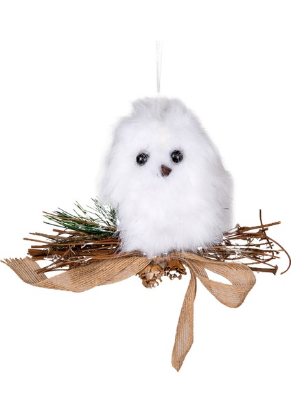 Yılbaşı Süsü, Baykuş, Beyaz-Kahverengi - Kozalaklı, Asmalı, Tüylü, Da