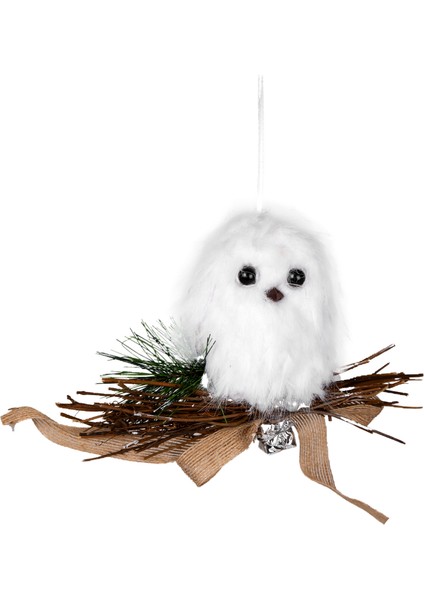 Yılbaşı Süsü, Baykuş, Beyaz-Kahverengi - Asmalı, Tüylü, Doğal Dal Yuv