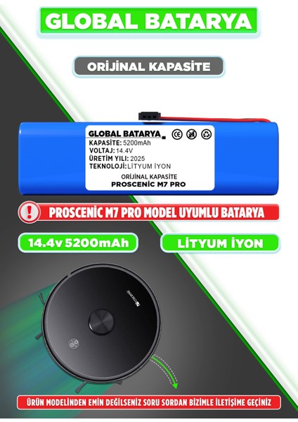 Proscenic M7 Pro Akıllı Robot Süpürge Bataryası 14.4v 5200mAh Li-ion Pil (Orijinal Kapasite)