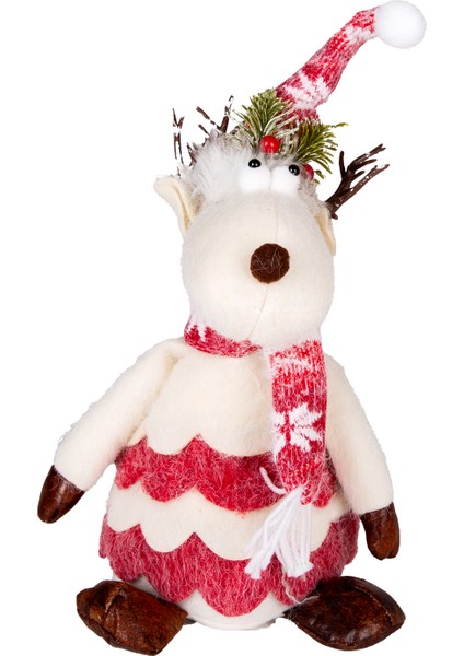 Yılbaşı Süsü, Geyik Figürü, Kırmızı-Beyaz - 18X40 cm