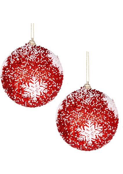 Yılbaşı Topu, Beyaz Kar Taneli, Kırmızı - 2'li Paket, 10 cm