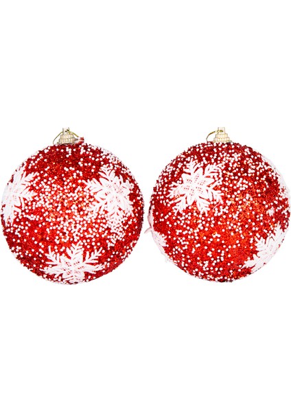 Yılbaşı Topu, Beyaz Kar Taneli, Kırmızı - 2'li Paket, 10 cm modelleri