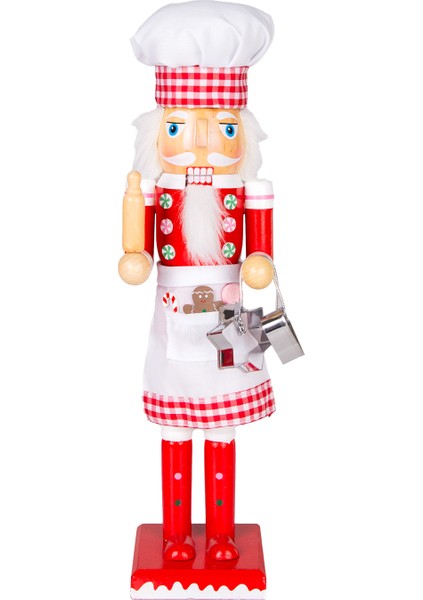 Yılbaşı Süsü, Ahşap Aşçı, Kırmızı-Beyaz - Elinde Merdane ve Pasta Kal