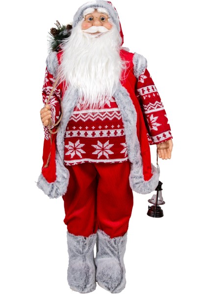 Yılbaşı Noel Baba, Fener Taşıyan, Kırmızı-Gri - 40X90 cm