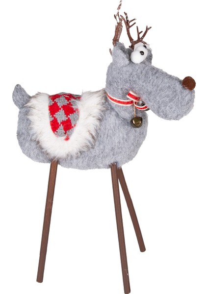 Yılbaşı Süsü, Geyik, Gri - Ahşap Bacaklı, 28X43 cm