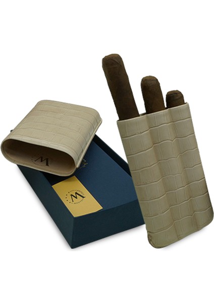 Gerçek Deri El Yapımı Puro Kılıfı Üçlü (60 Ring) Croco Piedra