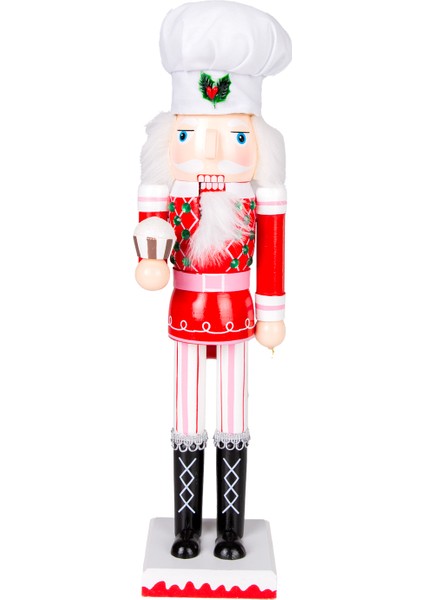 Yılbaşı Süsü, Ahşap Aşçı, Kırmızı-Beyaz - Elinde Pasta Taşıyan, 8,5x3