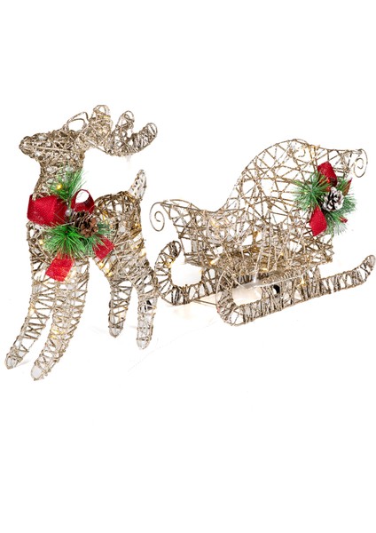Yılbaşı Süsü, Geyik ve Kızak, Şampanya - Metal, Işıklı, Simli, Kırmız
