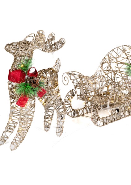Yılbaşı Süsü, Geyik ve Kızak, Şampanya - Metal, Işıklı, Simli, Kırmız fiyatları