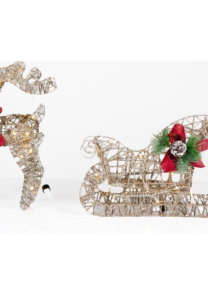 Yılbaşı Süsü, Geyik ve Kızak, Şampanya - Metal, Işıklı, Simli, Kırmız modelleri