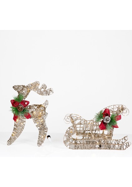 Yılbaşı Süsü, Geyik ve Kızak, Şampanya - Metal, Işıklı, Simli, Kırmız fırsatları