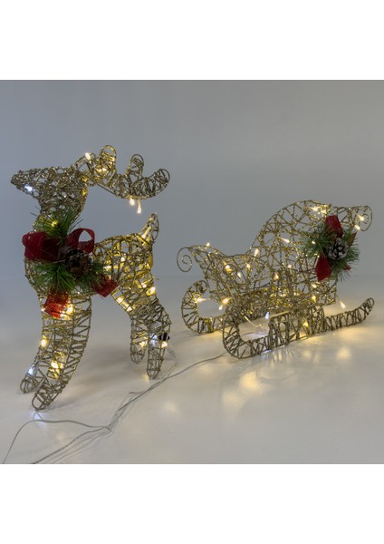 Yılbaşı Süsü, Geyik ve Kızak, Şampanya - Metal, Işıklı, Simli, Kırmız indirimleri
