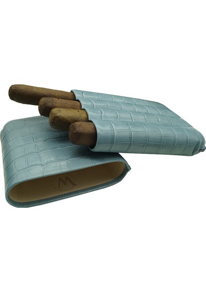 Gerçek Deri El Yapımı Puro Kılıfı Dörtlü (60 Ring) Croco Aguamarina