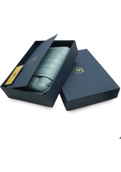 Gerçek Deri El Yapımı Puro Kılıfı Dörtlü (60 Ring) Croco Aguamarina