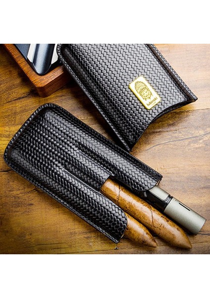 Yeni Seri Gerçek Deri Üçlü Puro Kılıfı - Siyah(60 Ring)