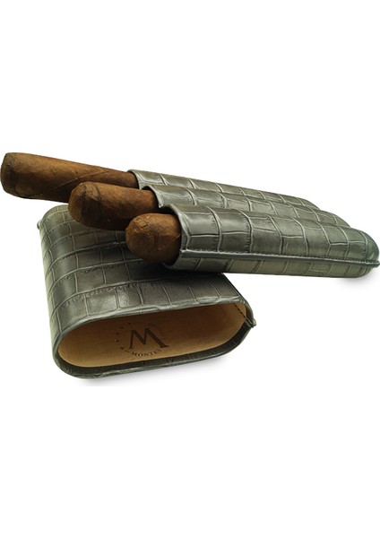 Gerçek Deri El Yapımı Puro Kılıfı Üçlü (60 Ring) Croco Ceniza