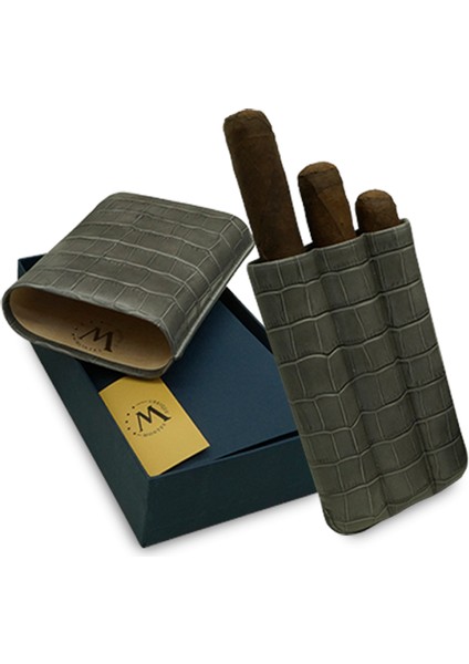 Gerçek Deri El Yapımı Puro Kılıfı Üçlü (60 Ring) Croco Ceniza